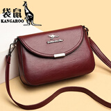 袋鼠520真皮包包女25春夏七夕牛皮斜挎包时尚软皮妈妈包中年小女包 酒红色小号  送手拿包
