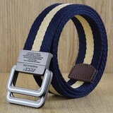 JWKE 男士双环扣帆布腰带运动休闲青年牛仔裤皮带百搭裤腰带学生裤带 黄蓝条纹（8333白线扣） 115cm