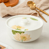 金岚玉唐山骨瓷7英寸面碗瓷盖大碗7吋盖碗面汤碗陶瓷带盖子微波炉泡面碗 出水芙蓉-7英寸直口+带揪盖