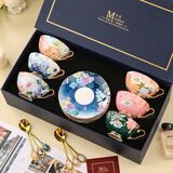 美道 浪漫春夏 骨瓷咖啡杯礼盒装下午茶茶具陶瓷杯子结婚礼物送新人 浪漫春夏-6杯碟-深蓝礼盒