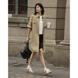 德玛纳工装风卡其色连衣裙夏翻领撞色拼接短袖中长款连衣裙 卡其色 L 
