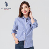 U.S. POLO ASSN.保罗衬衫女商务休闲职场百搭潮流条纹长袖衬衫 蓝条 L