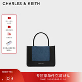 CHARLES&KEITH拼接牛仔手提包帆布托特包包女包生日礼物CK2-30701396 Denim Blue深牛仔蓝色 M