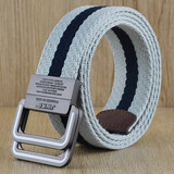 JWKE 男士双环扣帆布腰带运动休闲青年牛仔裤皮带百搭裤腰带学生裤带 蓝灰色（8333白线扣） 115cm
