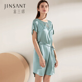 金三塔商场同款真丝睡衣女100%桑蚕丝优雅蕾丝圆领真丝睡裙情人节礼物 黛青色4549 L