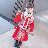 忆爱女童汉服秋冬款国风儿童喜庆唐装女孩加厚裙子套装洋气衣服拜年服 红色（裙子+马甲+围脖+包包） 120 (建议110-120cm)