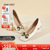 NINE WEST/玖熙低跟单鞋牛漆皮浅口方头金属饰扣工作女鞋N112010039 米白38