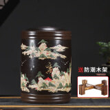 玖晟祥 宜兴紫砂茶叶罐大号储茶罐普洱茶饼储存罐密封茶缸紫砂罐茶叶桶 22饼装 竹节泥绘 黑山水