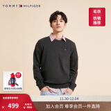 TOMMY HILFIGER【柔软亲肤】男女情侣纯棉休闲通勤纯色圆领内搭合身针织衫毛衣 【纯色绣标毛衣】- 经典黑BDS M （推荐：135-150斤）