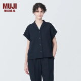 无印良品（MUJI）女式 易干弹力泡泡纱 开领短袖衫 女士衬衫衬衣外套夏季款BC2JPA4 深藏青色 XL (165/92A)