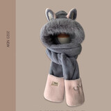 笙格儿火狐狸耳朵毛绒帽子女冬季保暖护耳雷锋帽子围巾手套秋冬天骑车帽 灰色 帽子围巾手套一体