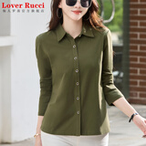 LOVER RUCCI纯棉长袖t恤女polo衫春秋新款打底衫宽松休闲运动开衫翻领上衣女 军绿色 S