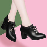 古奇天伦2025秋季新款单鞋女简约粗跟复古女鞋纯色休闲高跟鞋子  黑色 37