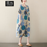 简当大码女装胖MM夏季复古圆点印花文艺度假风过膝中长款连衣裙子8360 蓝色 均码 【185斤以下】