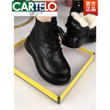 卡帝乐鳄鱼（CARTELO）高档软皮绒毛雪地靴女2024新款冬季加绒加厚棉鞋皮毛一体厚底百搭 黑色白绒毛大棉 41 (255mm)