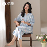 秋鹿睡衣女春夏梭织纯棉格纹七分袖薄款格子休闲可外穿家居服套装 2107D浅兰 M