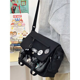 北慕工装百搭ins邮差包男大学生上课单肩背包韩版潮流大容量斜挎包女 黑色【黑球+4个徽章】