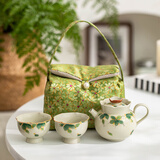 祥业song杯子汝窑茶壶陶瓷功夫茶具石瓢壶汝瓷套装大号过滤家用小单壶 手绘桂花葵口茶壶二杯+便携包