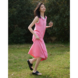 德玛纳假两件粉白撞色长裙圆领无袖百搭针织长款连衣裙