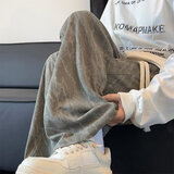 晗鲨扎染灯芯绒裤子男秋季美式休闲裤男秋冬加绒直筒阔腿运动卫裤长裤 绿色 XL （120-140斤）