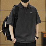 依郎酷300g重磅短袖t恤男宽松翻领夏季复古水洗纯棉上衣潮流刺绣体恤衫 黑灰色 L 【130-145斤】