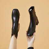 达芙妮（DAPHNE）牛皮瘦瘦靴女春秋单靴秋冬季新款切尔西靴加绒马丁靴高跟短靴女 黑色/加绒 36