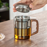 忆壶茶茶杯玻璃喝茶杯加厚泡茶杯办公水杯不锈钢过滤个人杯绿茶杯花茶杯 【升级不锈钢内胆】黑色杯 400ml
