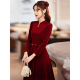 苏洛琳2025年春天秋冬季新款女士装长袖连衣裙子气质红色订婚敬酒礼服衣 酒红色 XL 118-128斤