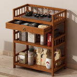 康千秋茶柜置物架竹木小型博古架客厅茶边柜茶室多层茶具收纳储物展示架 带抽52长三层多功能置物架
