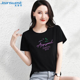 真维斯（JEANSWEST）短袖t恤女夏季2025柔软纯棉正肩印花打底衫内搭上衣女黑色L
