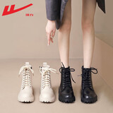 回力（Warrior）官方马丁靴女鞋秋冬季英伦风女士高帮厚底增高工装短靴子女黑色37