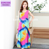 KAMUSEN夏装洋气棉绸连衣裙中年人造棉时尚外穿无袖背心绵绸长裙 25号 3XL 【130-145斤】