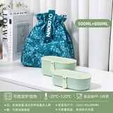 科罗恩日式双层饭盒便当盒可微波炉加热密封可分格上班族保温餐盒 绿色2层1300ML+加厚手提袋