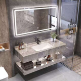 现代简约浴室柜组合亮面岩板一体盆双层卫生间洗漱台洗手池套装 60*50双层岩意大利灰板无缝盆智能方镜片