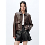 太平鸟女装短外套PU皮衣女秋装时尚高级感翻领旷野美拉德 咖色 S