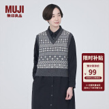 无印良品（MUJI）女式 美利奴羊毛 图案编织 V领背心 马甲针织衫休闲百搭 BA1ODA3A 炭灰色图案 S（155/80A）