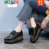 卡帝乐鳄鱼松糕厚底小皮鞋女2025春秋英伦风复古布洛克增高真皮坡跟方头单鞋 黑色 内里单，真皮里 36