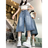 QGF美式复古阔腿七分牛仔短裤女夏季薄款过膝马裤oversize宽松中裤子 蓝色 M