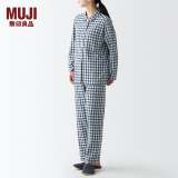 无印良品 MUJI 女式无侧缝双层纱织睡衣纯棉全棉 FDA20C1A 女士家居服套装 藏青色格纹 L-XL