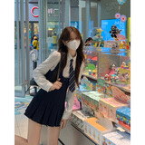 入秋谣学院风纯欲衬衫甜辣jk套装女洋气连衣裙减龄制服校园百褶裙两件套 藏青色 L