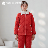 秋鹿睡衣女新款纯棉秋冬加厚休闲开衫翻领夹棉保暖可外穿家居服套装 QHIL229D枫叶红96 L/160