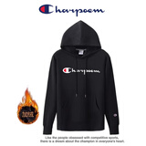 冠军涂鸦加绒春秋冬季新款连帽卫衣套头刺绣外套纯色休闲男女同款情侣卫衣 黑色长条连帽加绒 XL 130-155斤