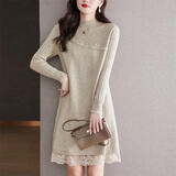 怡曼芙针织连衣裙女秋冬半高领高档显瘦针织毛衣裙外穿内搭百搭休闲女装 卡其 均码 -建议100-140斤