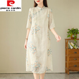 皮尔卡丹（pierre cardin）中式连衣裙夏季新改良棉麻旗袍裙女宽松气质显瘦复古苎麻印花短袖 杏底碎花 L【115-130斤】