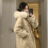 林羽森冬季牛角扣加厚长款棉服女冬长过膝超厚韩版宽松棉衣棉袄冬装外套 卡其色 S 100-115斤