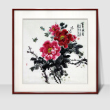 紫腾随轩新中式牡丹花开富贵装饰画客厅餐厅背景墙画卧室床头挂画壁画 图3 50*50cm红木色实木框