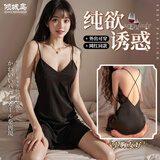 倾城鸟 情趣内衣性感睡衣女低领吊带睡裙sm角色扮演制服诱惑套装成人用品开档免脱丁字内裤家居服8331黑