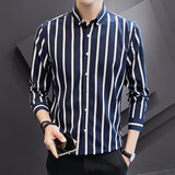 唐努乌秋冬款长袖衬衫加绒男条纹韩版休闲商务潮流衬衣型潮男 深蓝 L 【100-120斤】