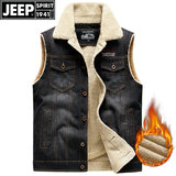 JEEP SPIRIT牛仔马甲男加绒秋冬季多口袋无袖厚外套保暖背心摄影坎肩马夹大码 黑蓝色 L体重125左右