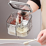 天地鱼（TDYU）调料盒家用厨房调料罐组合套装一体多格盐味精胡椒佐料香料收纳盒 【水波纹透明灰】多格·独立勺槽